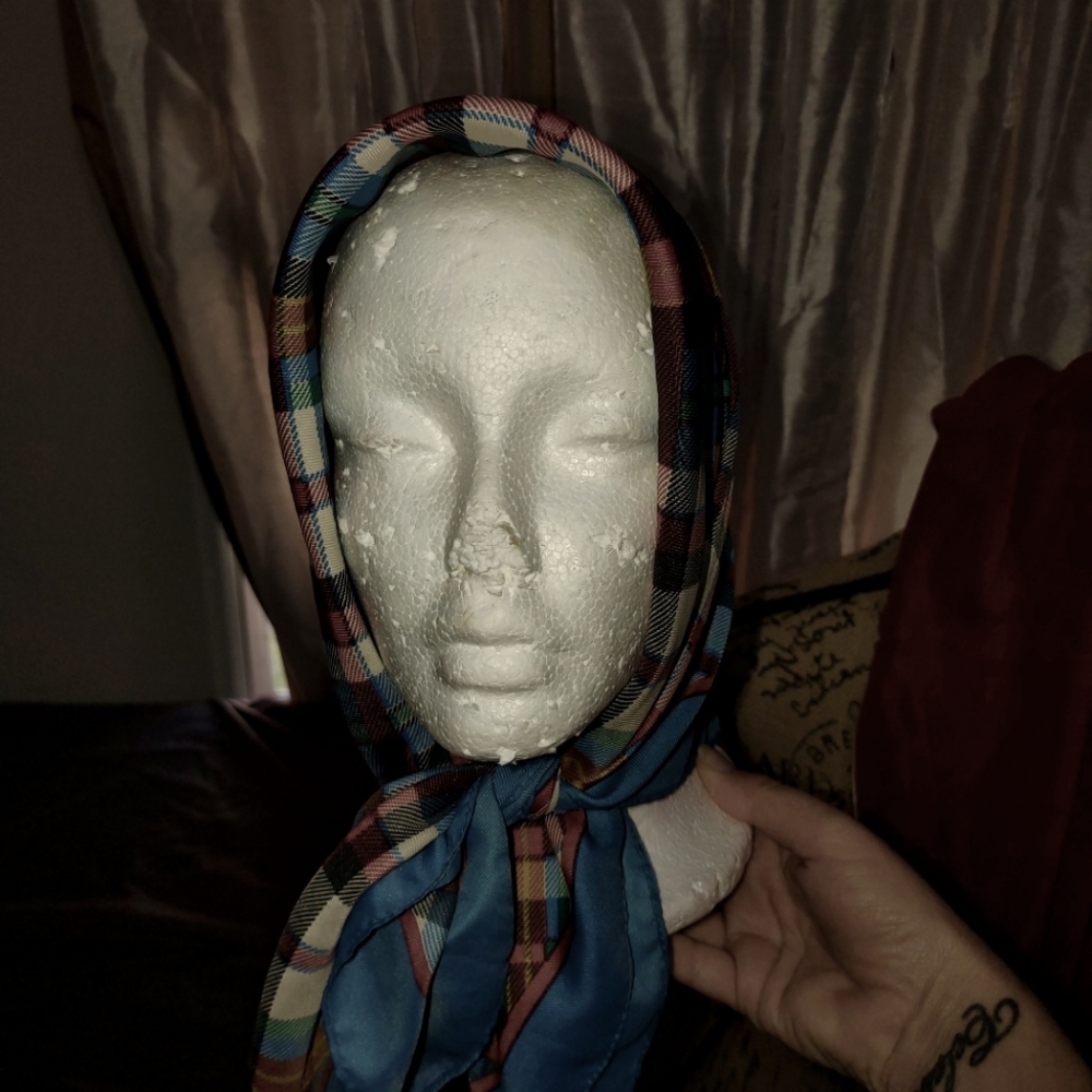 100 percent polyester water repellent scarf in blue plaid vintage Taiwan